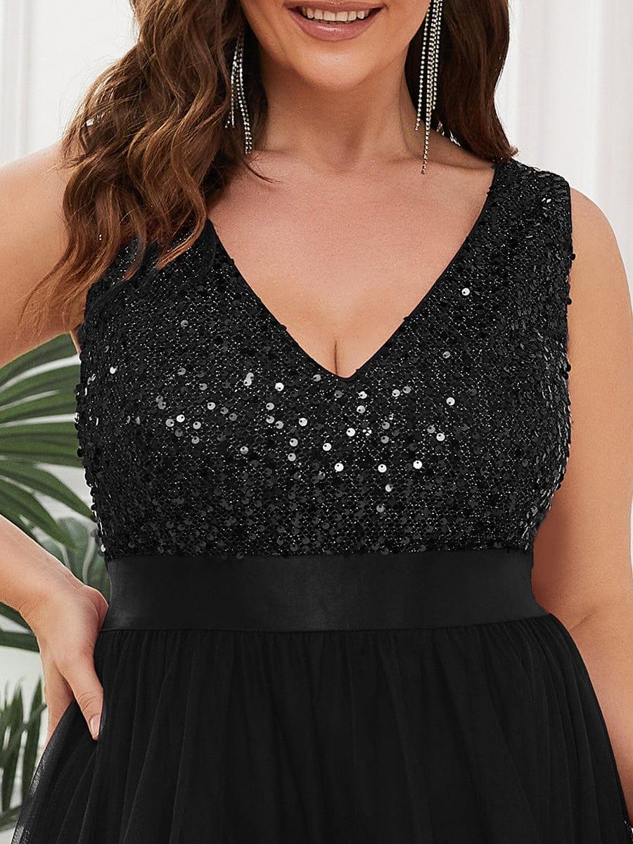 Classic Plus Size Hi-Lo Sequin Tulle Evening Dress with Ribbon
