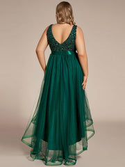 Classic Plus Size Hi-Lo Sequin Tulle Evening Dress with Ribbon