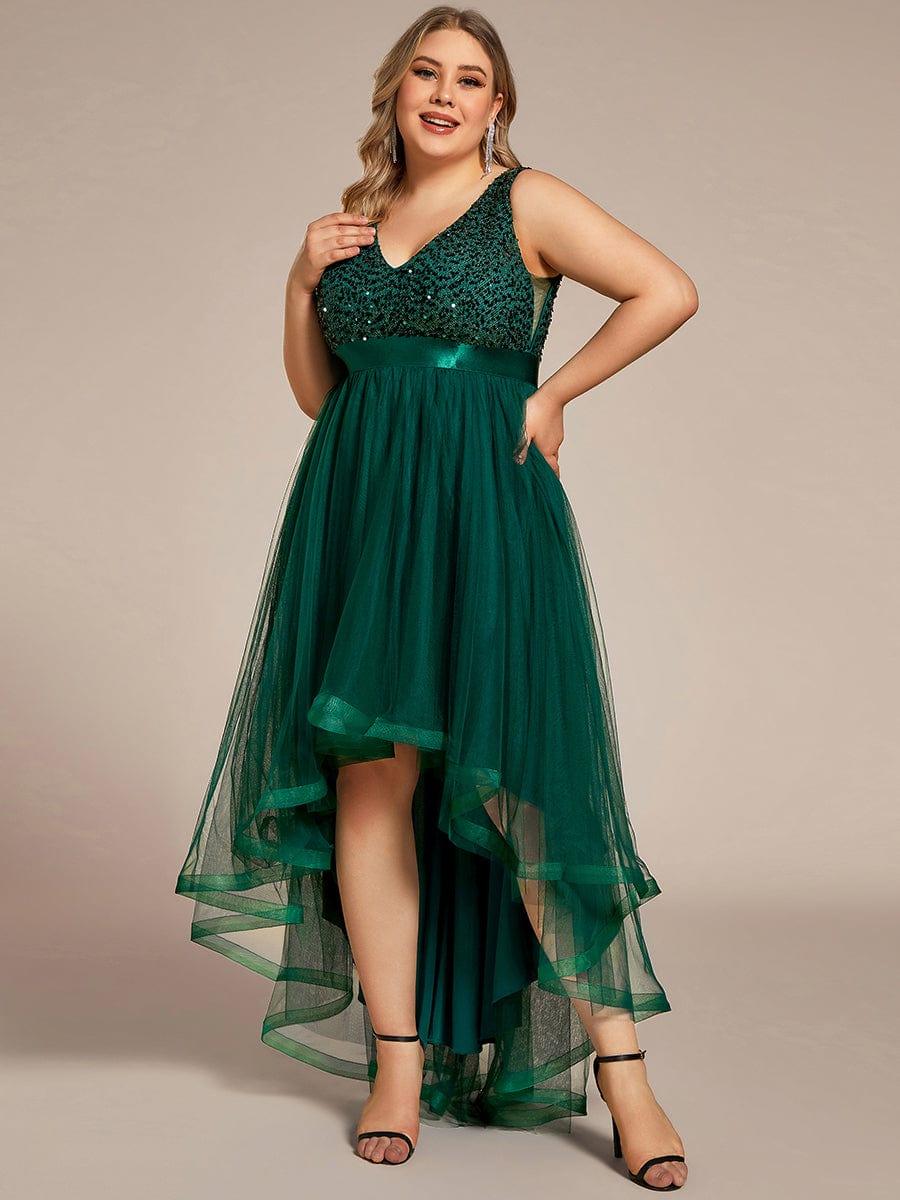 Classic Plus Size Hi-Lo Sequin Tulle Evening Dress with Ribbon