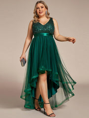Classic Plus Size Hi-Lo Sequin Tulle Evening Dress with Ribbon
