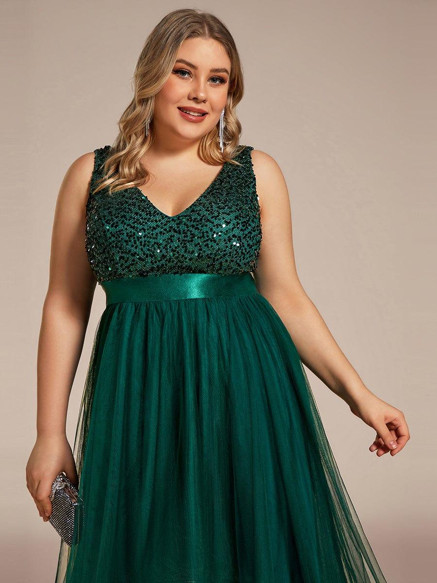 Classic Plus Size Hi-Lo Sequin Tulle Evening Dress with Ribbon