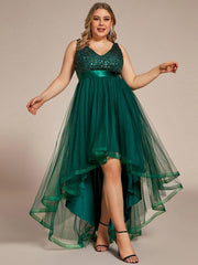 Classic Plus Size Hi-Lo Sequin Tulle Evening Dress with Ribbon