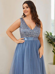 Classic Plus Size Hi-Lo Sequin Tulle Evening Dress with Ribbon