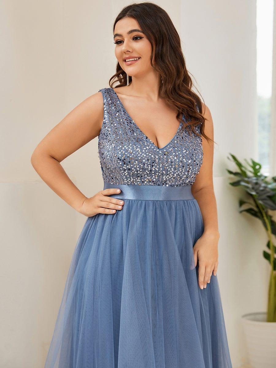 Classic Plus Size Hi-Lo Sequin Tulle Evening Dress with Ribbon