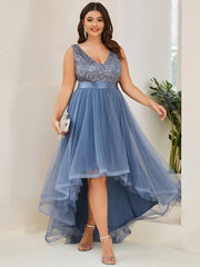 Classic Plus Size Hi-Lo Sequin Tulle Evening Dress with Ribbon