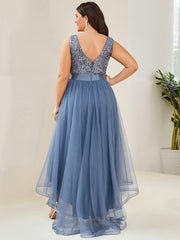 Classic Plus Size Hi-Lo Sequin Tulle Evening Dress with Ribbon