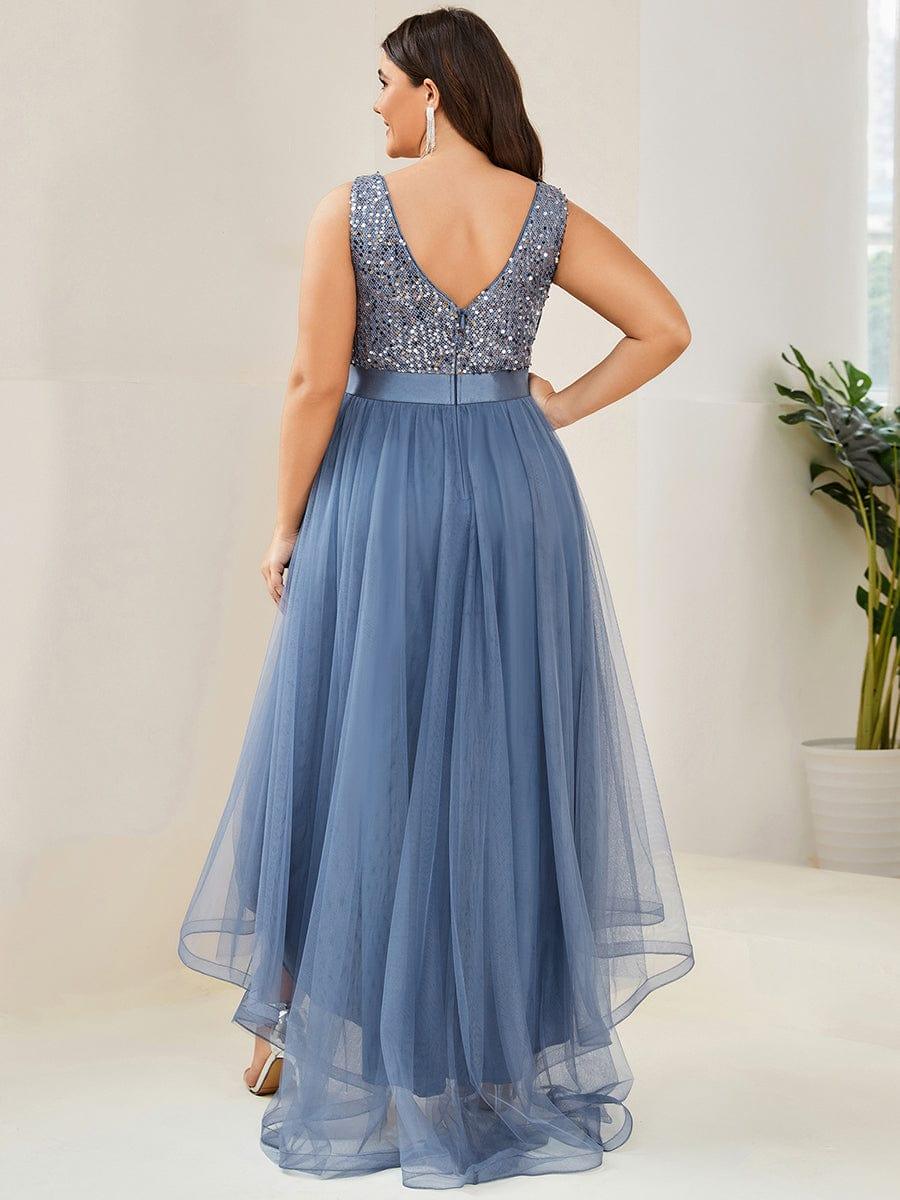 Classic Plus Size Hi-Lo Sequin Tulle Evening Dress with Ribbon