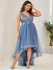 Classic Plus Size Hi-Lo Sequin Tulle Evening Dress with Ribbon