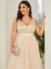 Classic Plus Size Hi-Lo Sequin Tulle Evening Dress with Ribbon