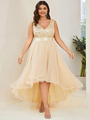 Classic Plus Size Hi-Lo Sequin Tulle Evening Dress with Ribbon