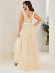 Classic Plus Size Hi-Lo Sequin Tulle Evening Dress with Ribbon