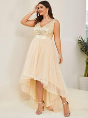 Classic Plus Size Hi-Lo Sequin Tulle Evening Dress with Ribbon