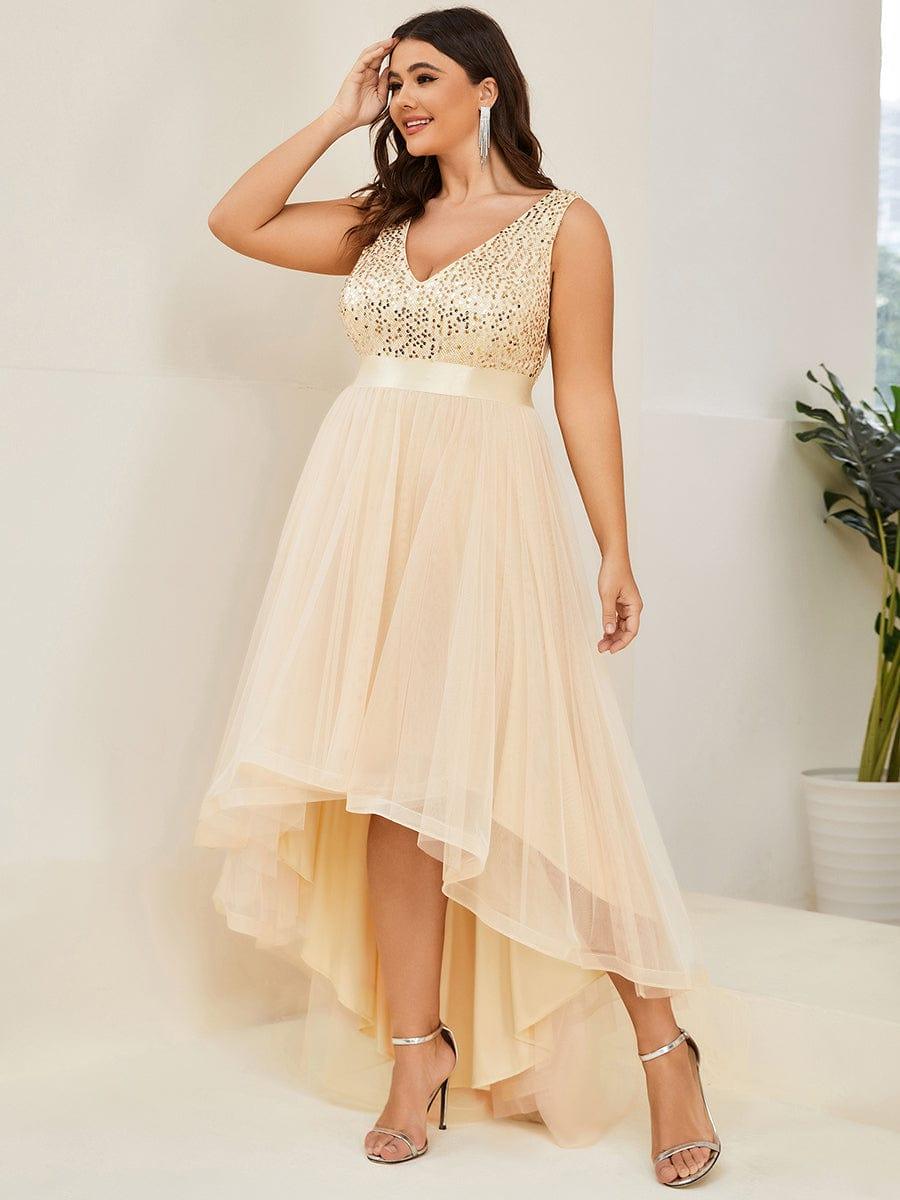 Classic Plus Size Hi-Lo Sequin Tulle Evening Dress with Ribbon