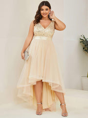 Classic Plus Size Hi-Lo Sequin Tulle Evening Dress with Ribbon