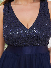 Classic Plus Size Hi-Lo Sequin Tulle Evening Dress with Ribbon