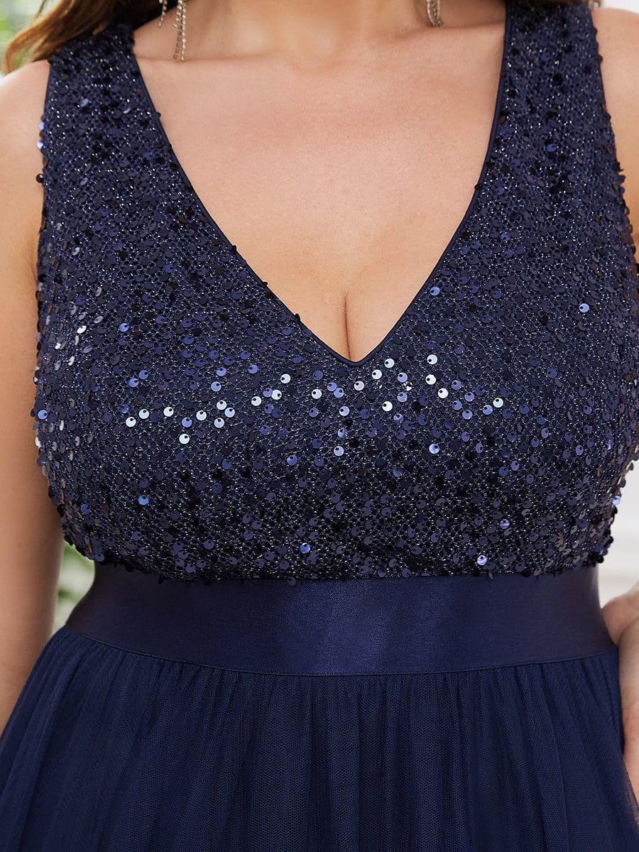 Classic Plus Size Hi-Lo Sequin Tulle Evening Dress with Ribbon