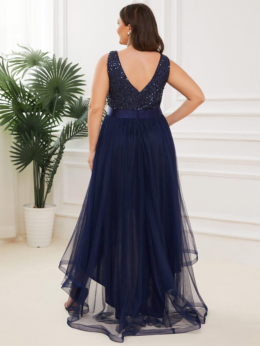 Classic Plus Size Hi-Lo Sequin Tulle Evening Dress with Ribbon