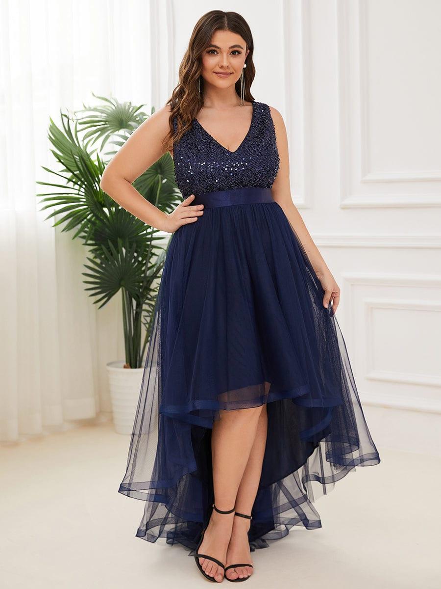 Classic Plus Size Hi-Lo Sequin Tulle Evening Dress with Ribbon