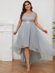 Classic Plus Size Hi-Lo Sequin Tulle Evening Dress with Ribbon