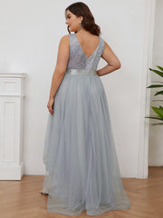 Classic Plus Size Hi-Lo Sequin Tulle Evening Dress with Ribbon