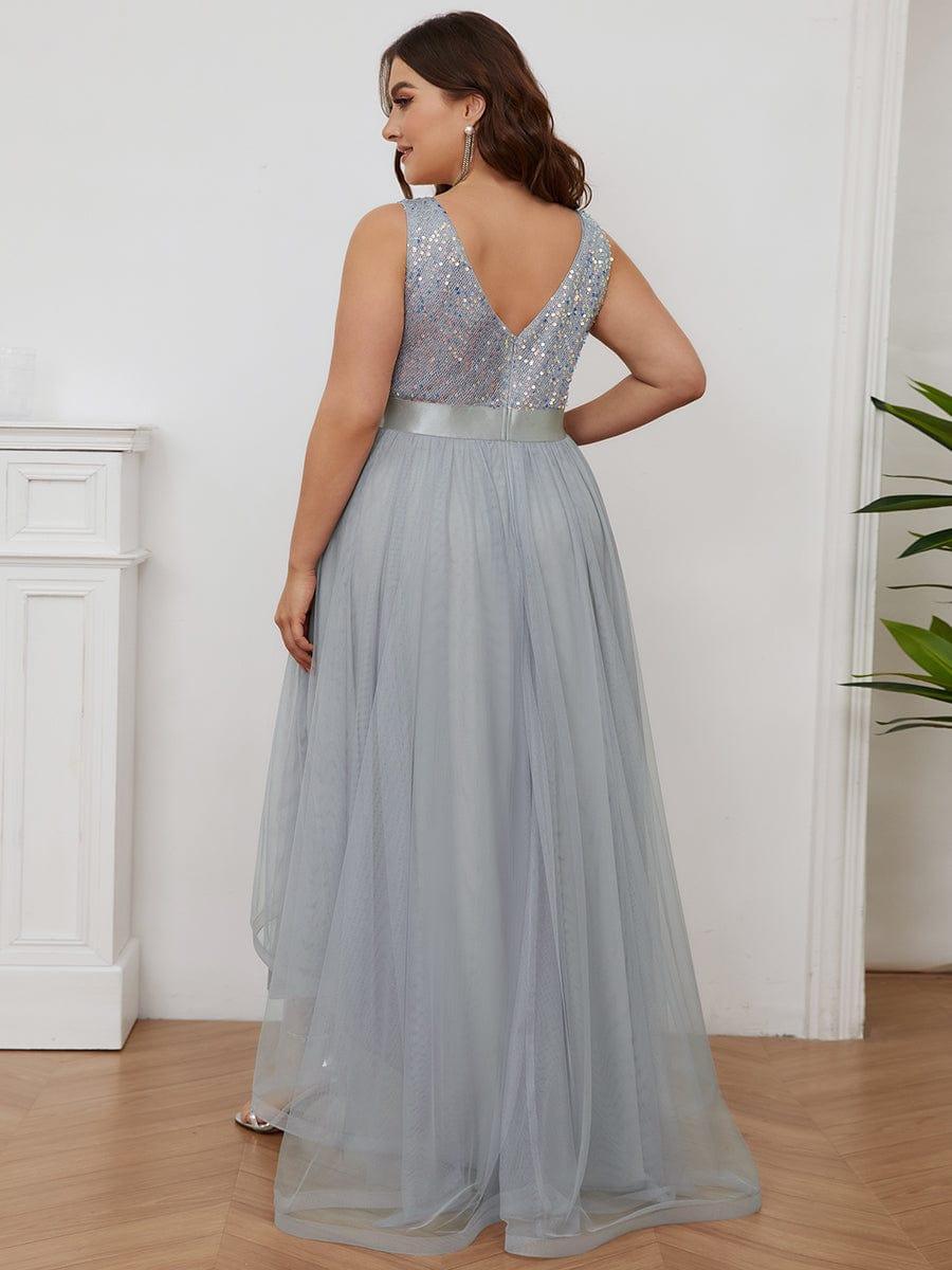 Classic Plus Size Hi-Lo Sequin Tulle Evening Dress with Ribbon
