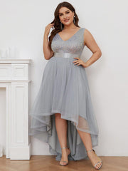 Classic Plus Size Hi-Lo Sequin Tulle Evening Dress with Ribbon