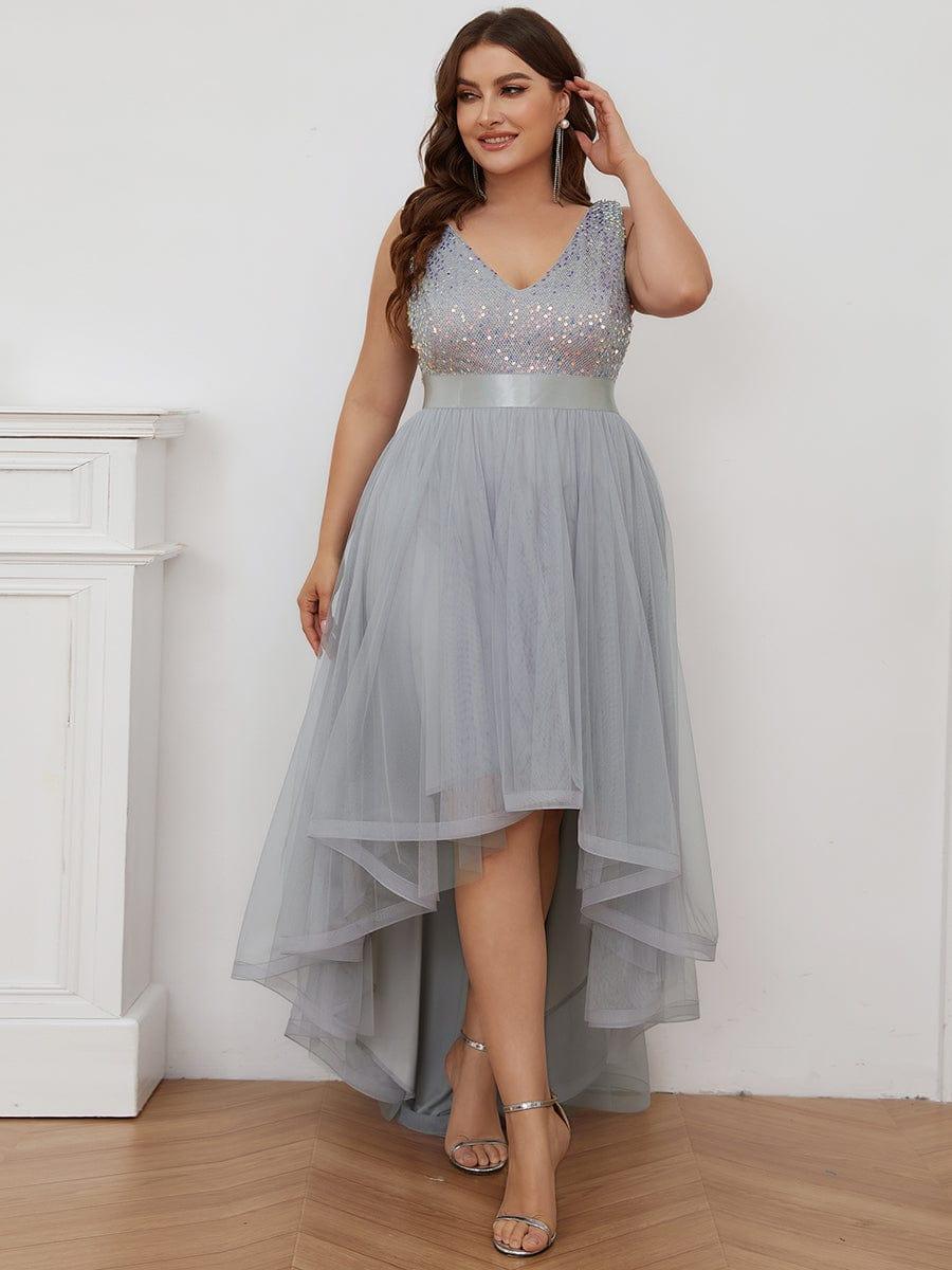 Classic Plus Size Hi-Lo Sequin Tulle Evening Dress with Ribbon