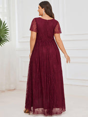 Cute Plus Size Ruffled V-Neck A-Line Lace Wedding Guest Dress with Short Sleeves