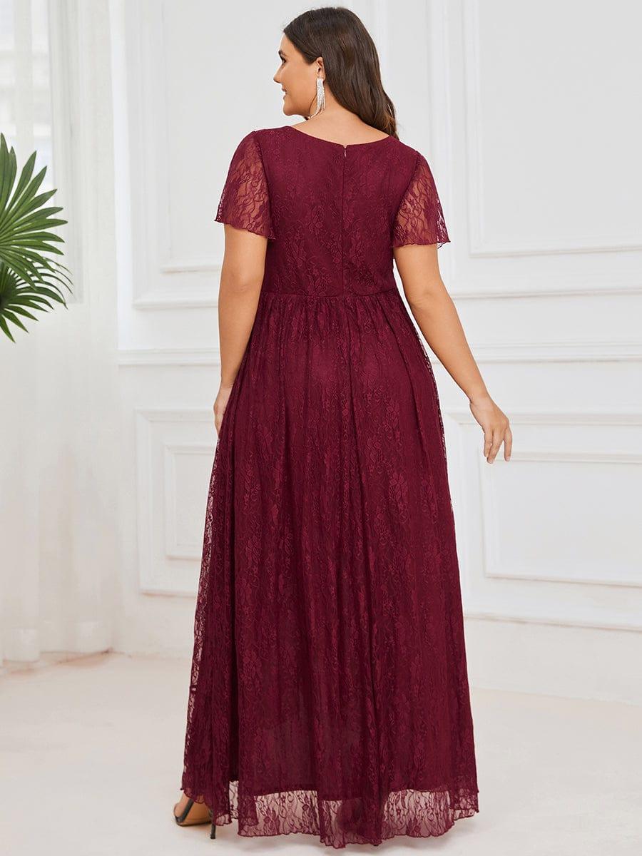 Cute Plus Size Ruffled V-Neck A-Line Lace Wedding Guest Dress with Short Sleeves