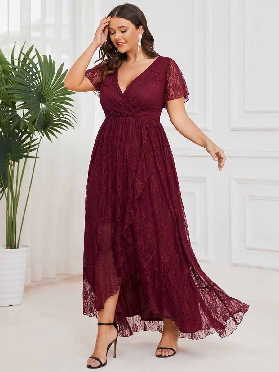 Graceful Plus Size A-Line Lace Formal Evening Dress with Sleeves