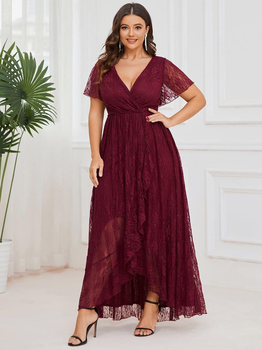 Graceful Plus Size A-Line Lace Formal Evening Dress with Sleeves