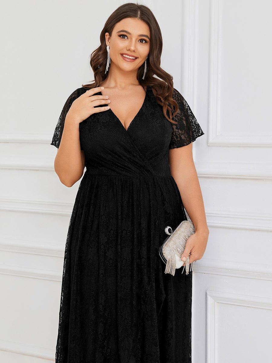 Cute Plus Size Ruffled V-Neck A-Line Lace Wedding Guest Dress with Short Sleeves