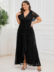 Cute Plus Size Ruffled V-Neck A-Line Lace Wedding Guest Dress with Short Sleeves