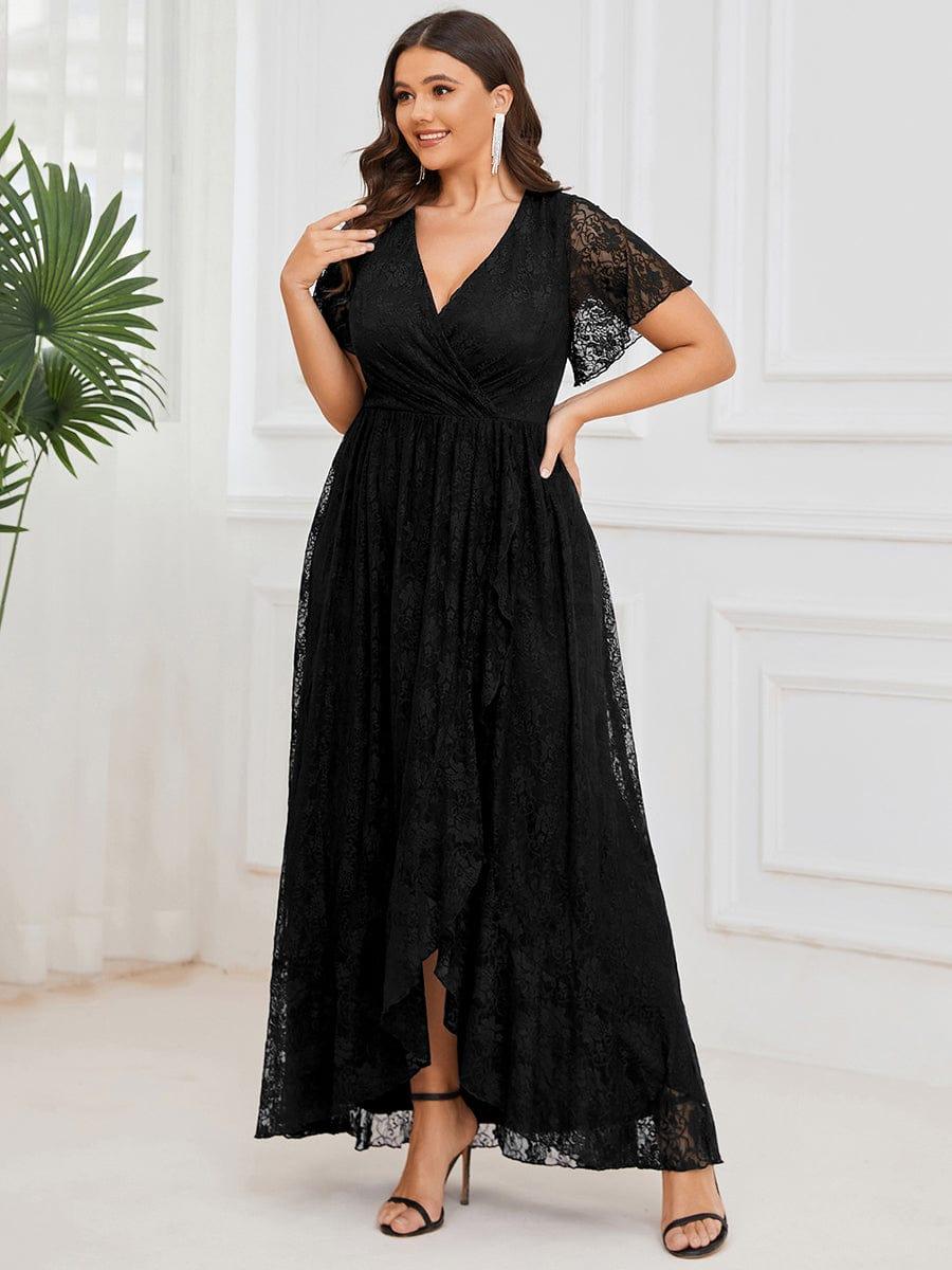 Cute Plus Size Ruffled V-Neck A-Line Lace Wedding Guest Dress with Short Sleeves
