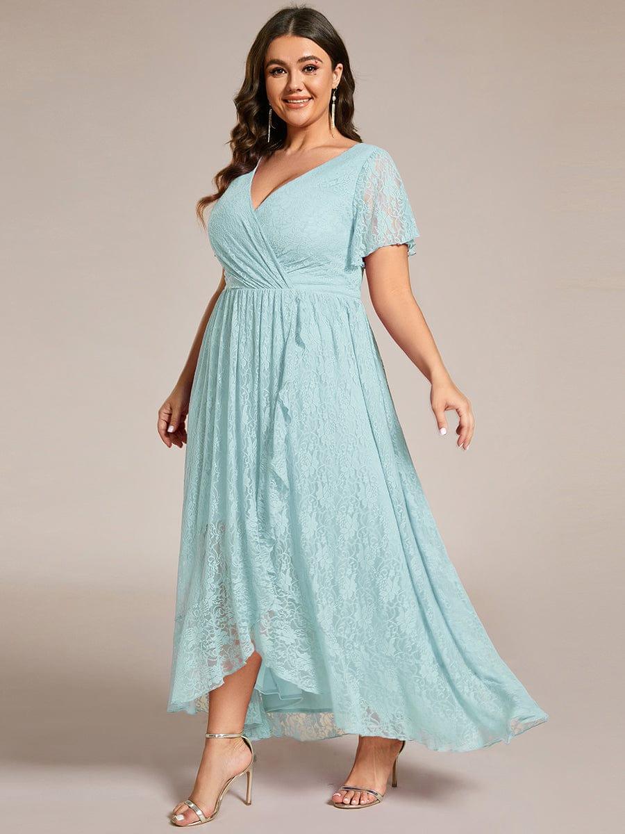 Cute Plus Size Ruffled V-Neck A-Line Lace Wedding Guest Dress with Short Sleeves