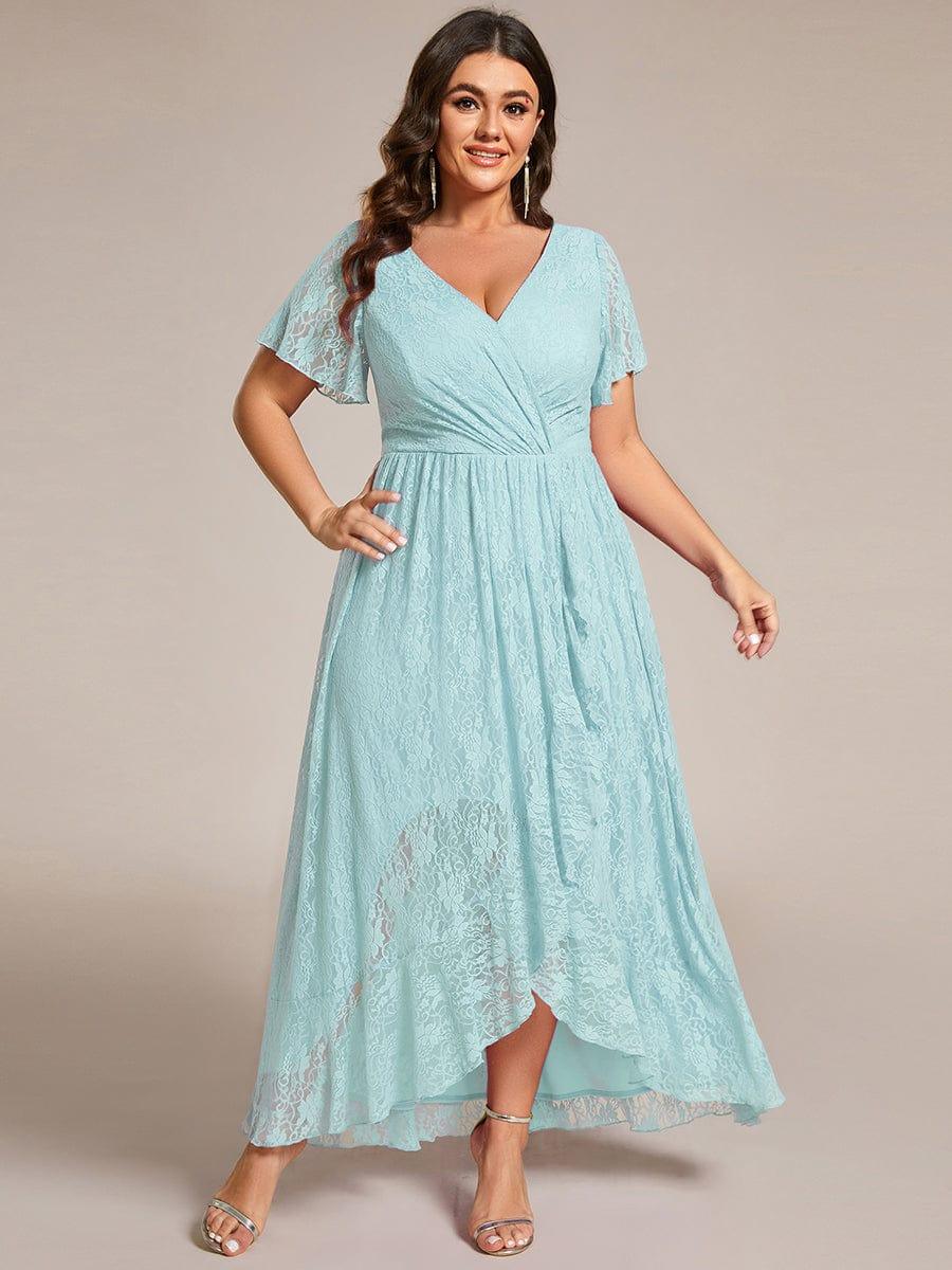 Cute Plus Size Ruffled V-Neck A-Line Lace Wedding Guest Dress with Short Sleeves