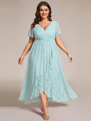 Cute Plus Size Ruffled V-Neck A-Line Lace Wedding Guest Dress with Short Sleeves