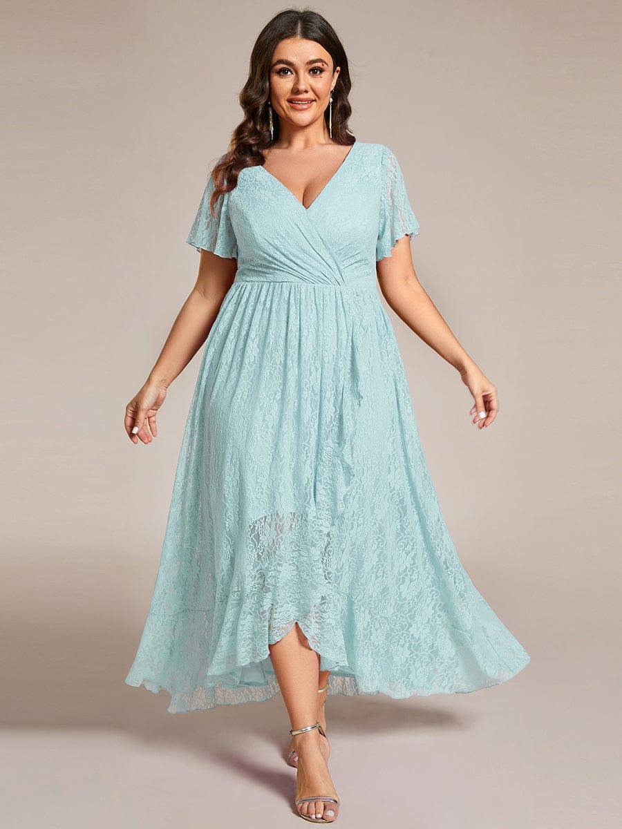 Cute Plus Size Ruffled V-Neck A-Line Lace Wedding Guest Dress with Short Sleeves