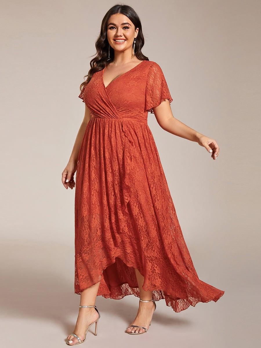 Cute Plus Size Ruffled V-Neck A-Line Lace Wedding Guest Dress with Short Sleeves