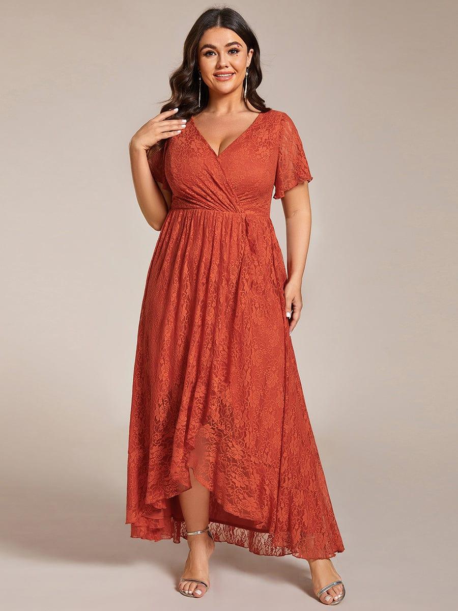 Cute Plus Size Ruffled V-Neck A-Line Lace Wedding Guest Dress with Short Sleeves