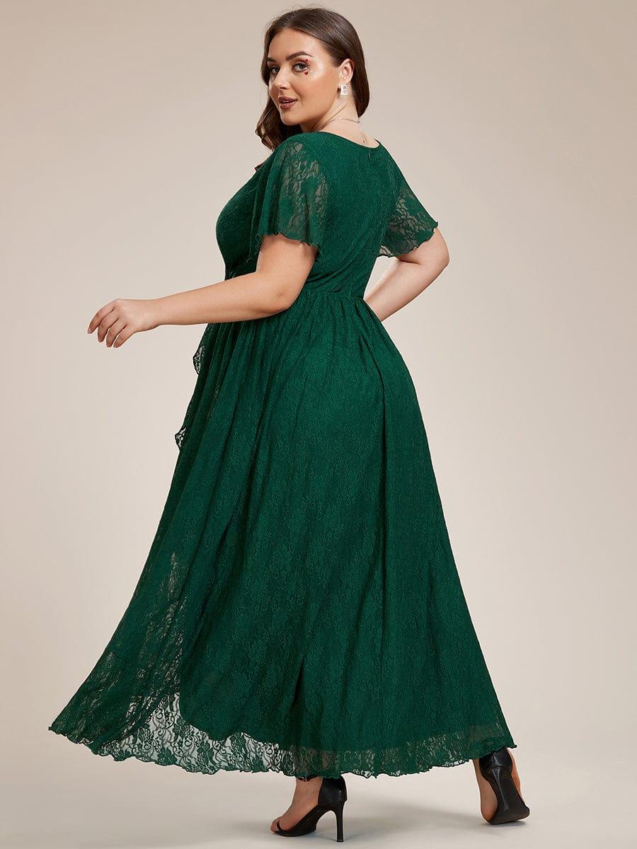 Cute Plus Size Ruffled V-Neck A-Line Lace Wedding Guest Dress with Short Sleeves