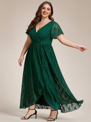 Cute Plus Size Ruffled V-Neck A-Line Lace Wedding Guest Dress with Short Sleeves