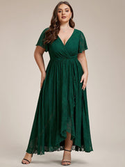 Cute Plus Size Ruffled V-Neck A-Line Lace Wedding Guest Dress with Short Sleeves