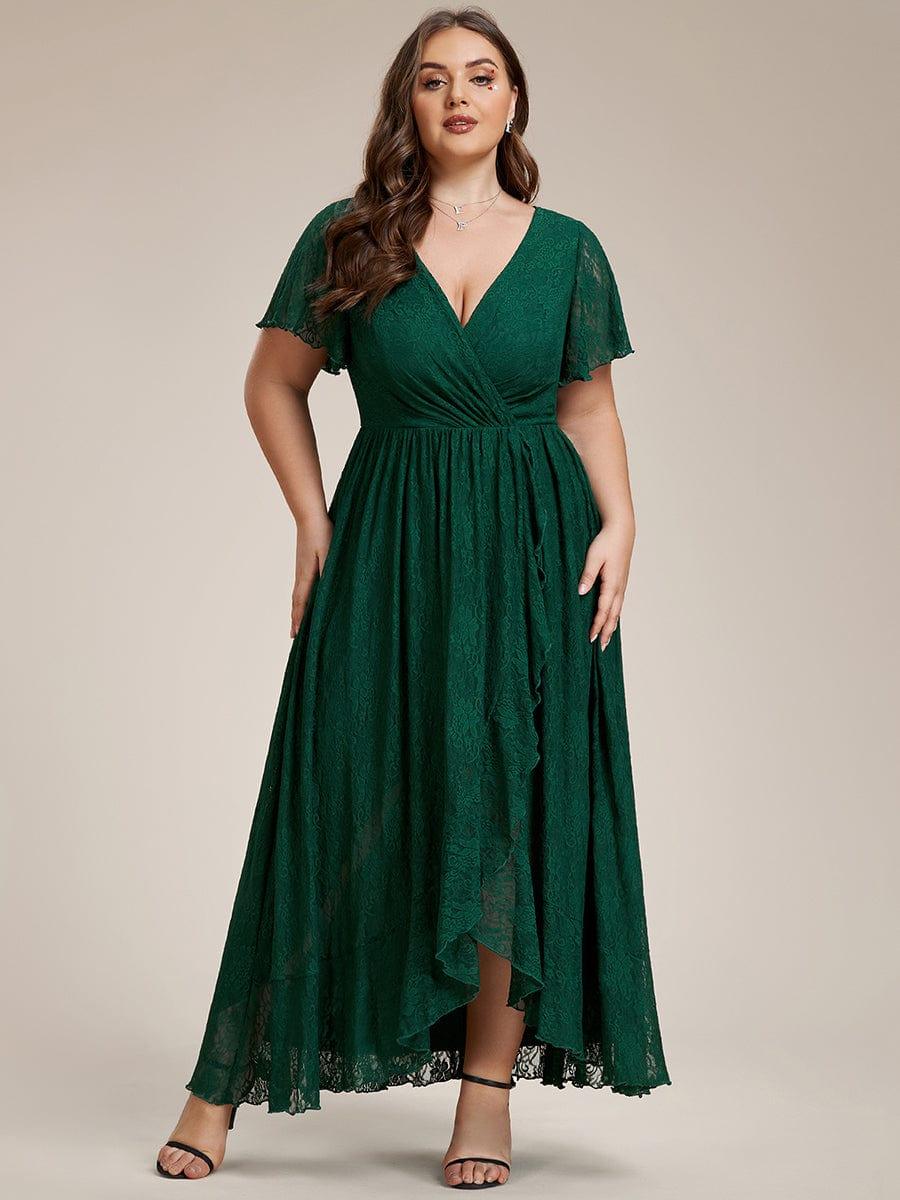 Cute Plus Size Ruffled V-Neck A-Line Lace Wedding Guest Dress with Short Sleeves