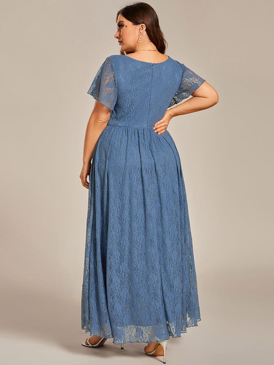 Cute Plus Size Ruffled V-Neck A-Line Lace Wedding Guest Dress with Short Sleeves