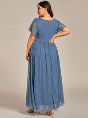 Cute Plus Size Ruffled V-Neck A-Line Lace Wedding Guest Dress with Short Sleeves