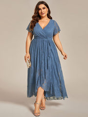 Cute Plus Size Ruffled V-Neck A-Line Lace Wedding Guest Dress with Short Sleeves