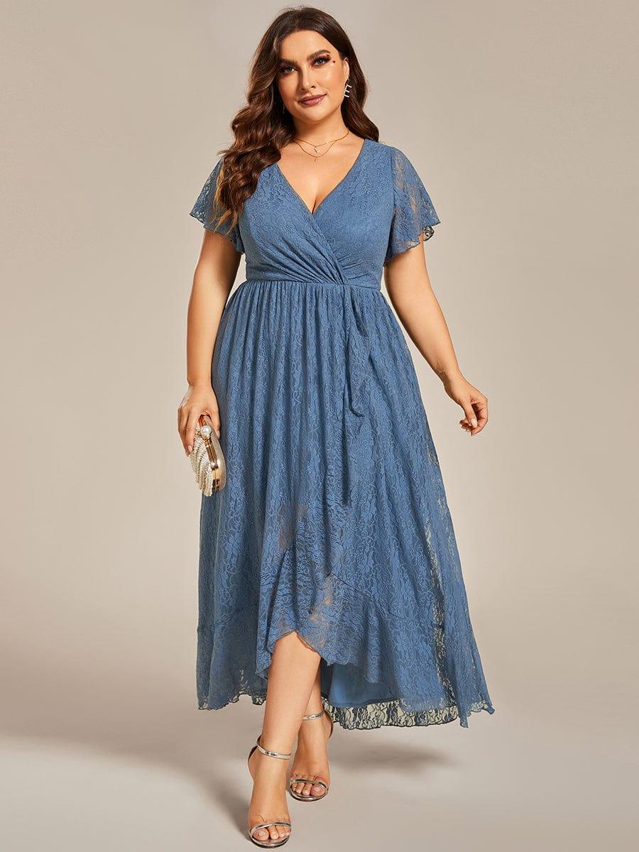 Cute Plus Size Ruffled V-Neck A-Line Lace Wedding Guest Dress with Short Sleeves