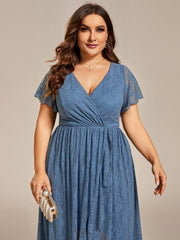 Cute Plus Size Ruffled V-Neck A-Line Lace Wedding Guest Dress with Short Sleeves