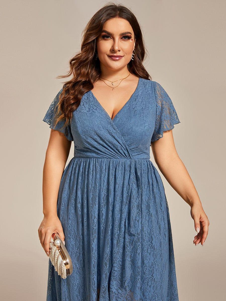 Cute Plus Size Ruffled V-Neck A-Line Lace Wedding Guest Dress with Short Sleeves